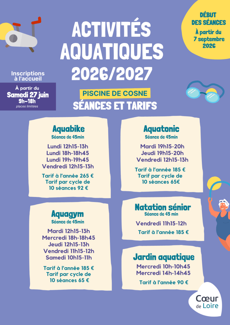 Affiche inscriptions activités aquatiques piscine de Cosne